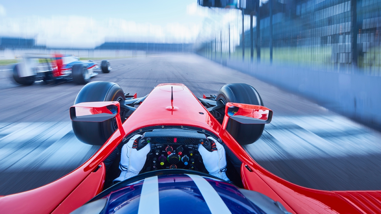 First person view from inside a racecar