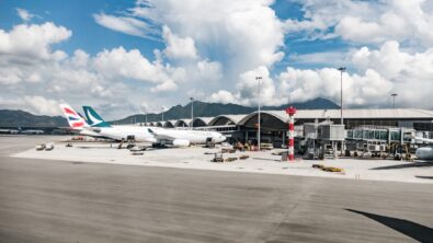 Airplane docked at an airport.