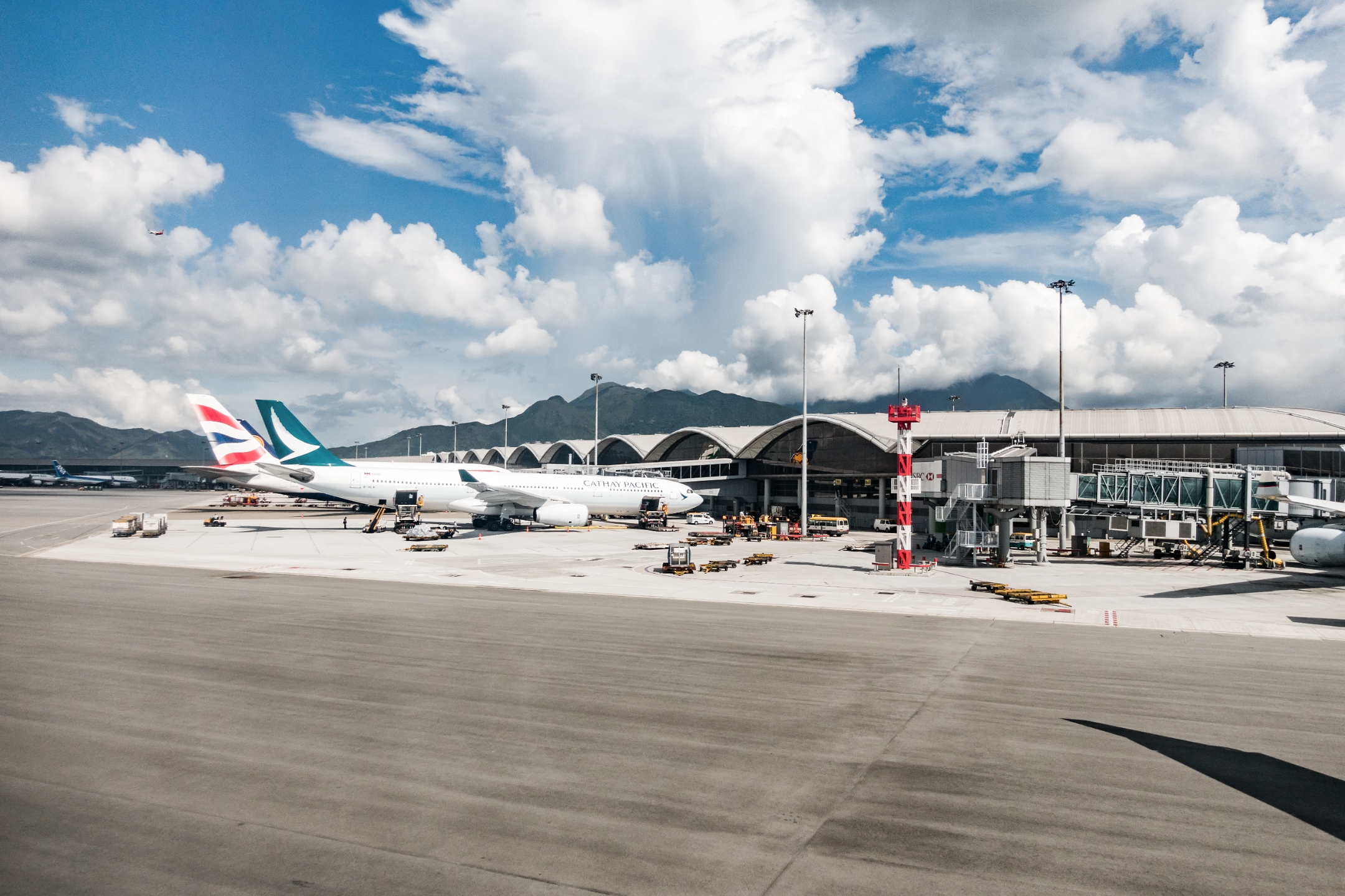 Airplane docked at an airport.