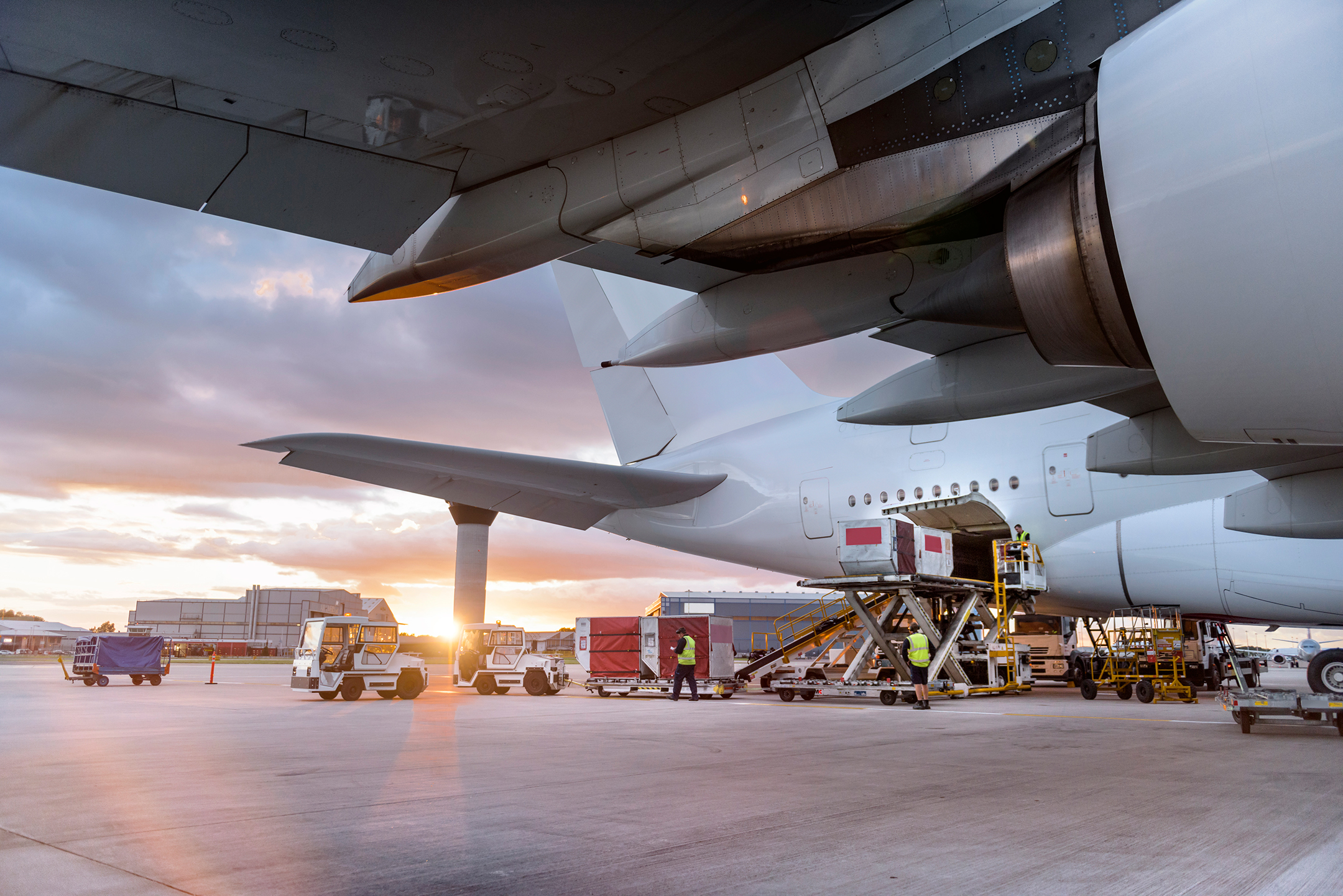 An airplane having its cargo unloaded at an airport.