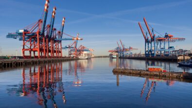 Two lines of cranes standing over a harbor.