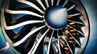 Close-up of an aircraft engine turbine.