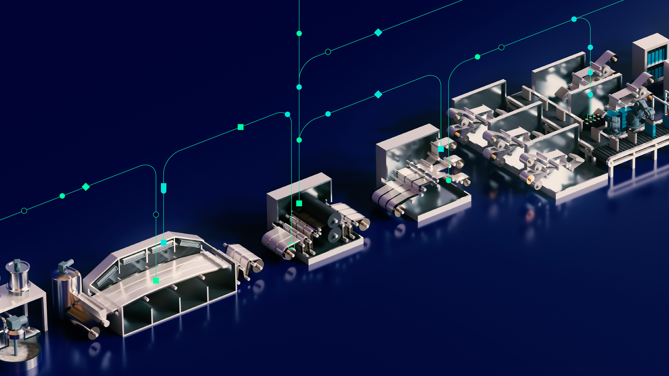 Virtual representation of battery manufacturing line showing the data flow between machines