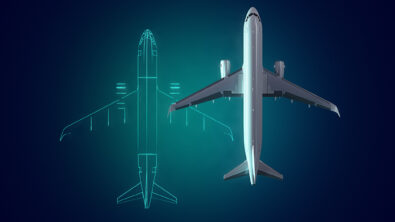 A rendering of a passenger airplane with a holographic version of itself to its left from a top view.