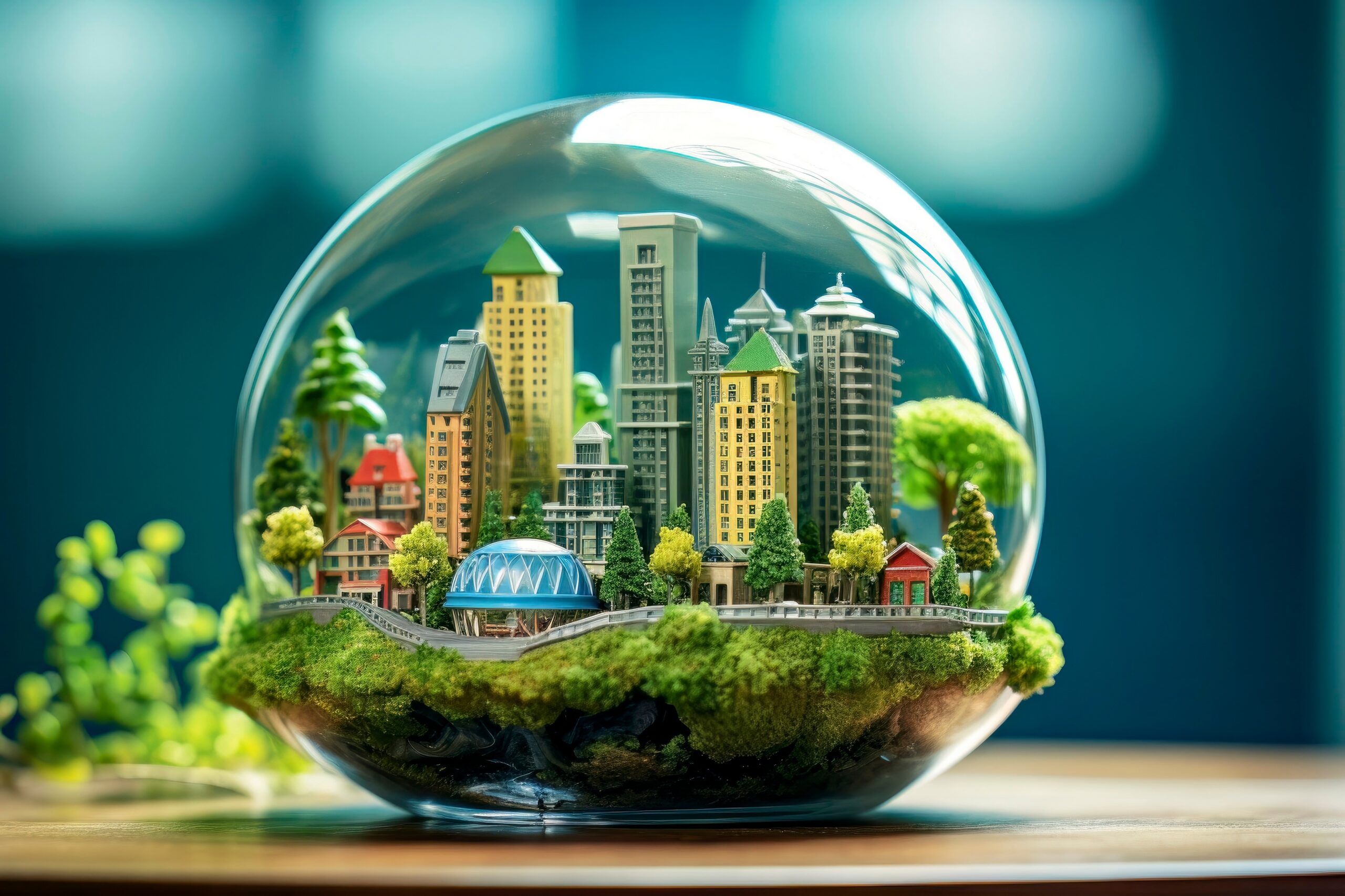 Snow globe of a modern city skyline to represent that we are part of an ecosystem