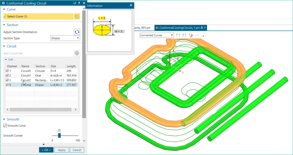 A user is exploring new conformal cooling channel shapes within NX.