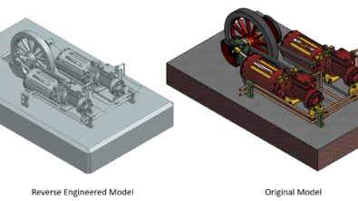 On the left side, there is a silver assembled model of a twin steam engine in NX, captioned "Reverse Engineered Model." On the right side, there is a red and yellow twin steam engine sitting on top of bricks labeled "Original Model."