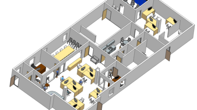 A digital office design in NX for BIM. There are multiple different rooms, walls, doors, with desks and other office furniture.