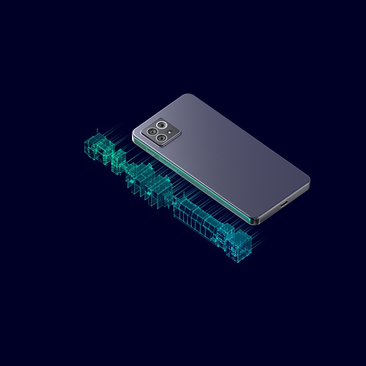 A design of a phone with a blue "digital twin" of the electronic components inside the phone