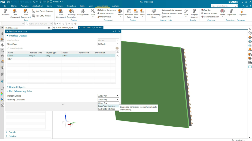 The product interface tool allows users to define geometry and expressions from a part 