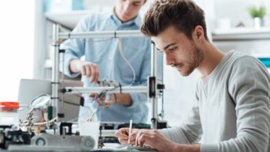 Engineering students working in a lab