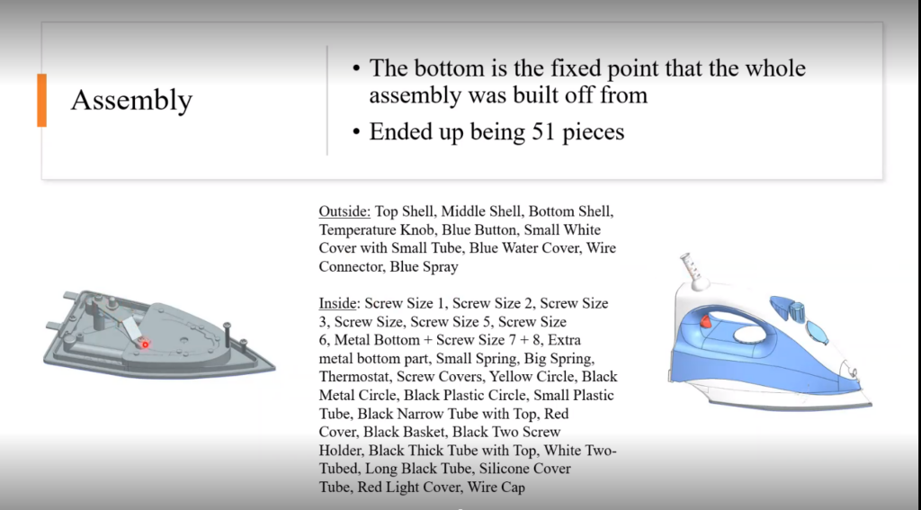 3D assembly of a clothes iron in NX with a description of the parts