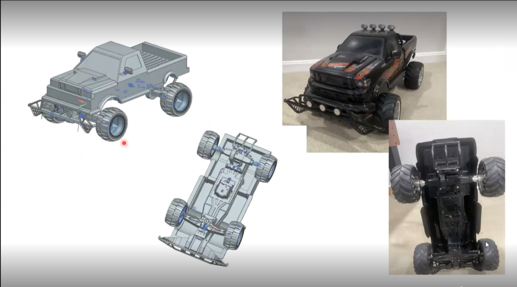 A side by side view of a real RC car and the 3D assembled design in NX