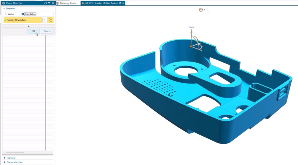 A screenshot of the Draw Direction command in Siemens' NX Molded Part Design