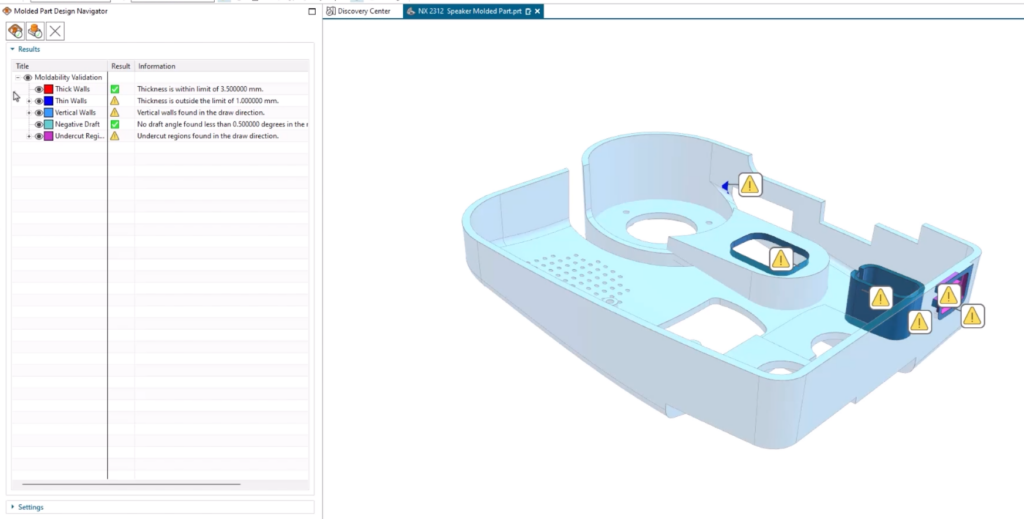 A screenshot of the Moldability command in Siemens' NX Molded Part Design showing moldability issues such as vertical walls