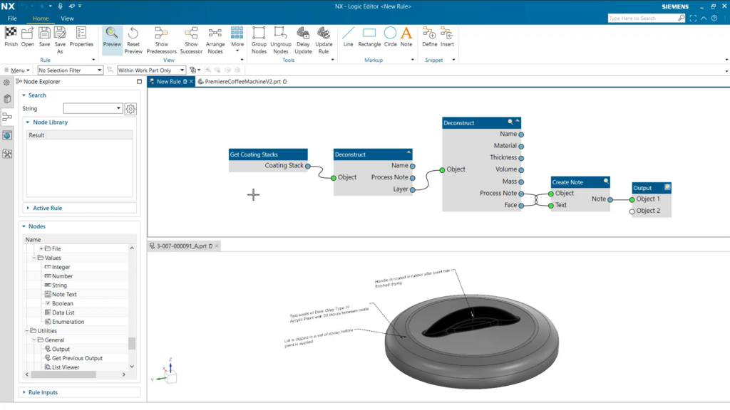 A screenshot of NX's Logic Editor, showing a rule that automatically creates PMI notes for coatings on a part