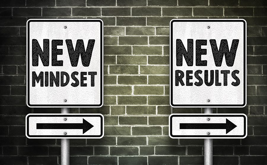 Two signs against brick wall: One New Mindset, other New Results with arrows going same direction