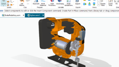 A 3D CAD cutaway of the inside of a jigsaw designed in Solid Edge software leveraging a custom plugin.