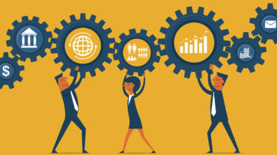 Transformation to a SaaS business represented by gears meshing, each gear symbolizing a key business function such as operations and financial