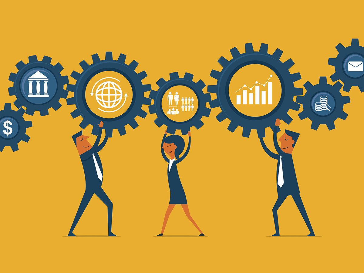 Transformation to a SaaS business represented by gears meshing, each gear symbolizing a key business function such as operations and financial