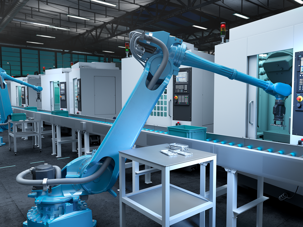 Robots manufacture electronics products. Manufacturing digital transformation is essential across all industries.