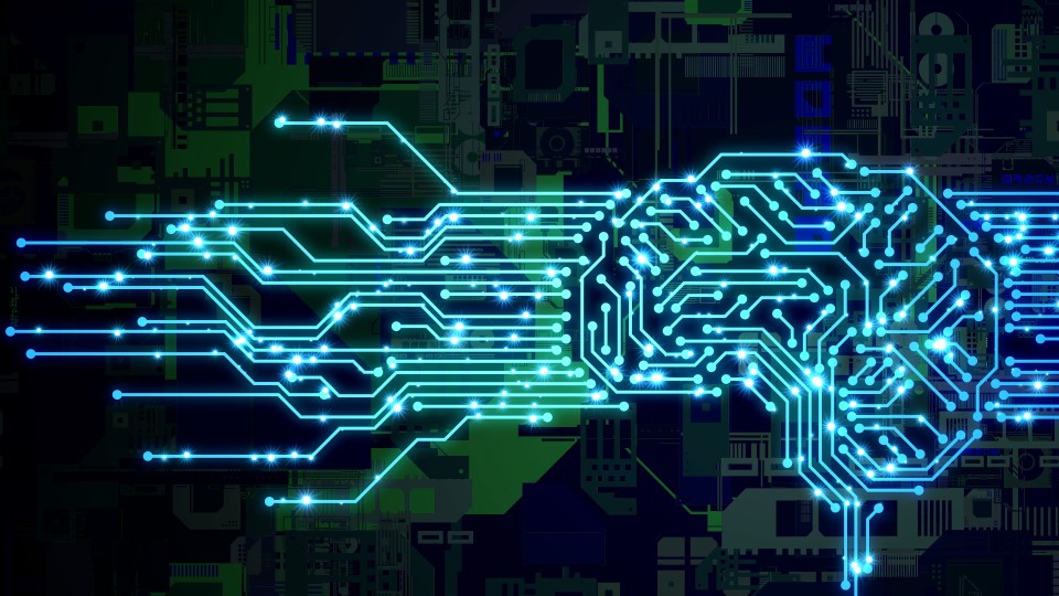 Abstract concept depicting digital transformation for electronics innovation using circuit network and human brain