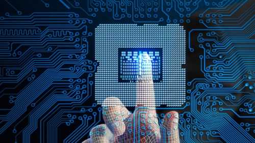 Finger pressing the center of an electronics chip with design data flowing around