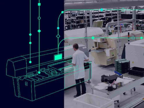 Electronics manufacturing line engineer with superimposed intra plant logistics digital twin