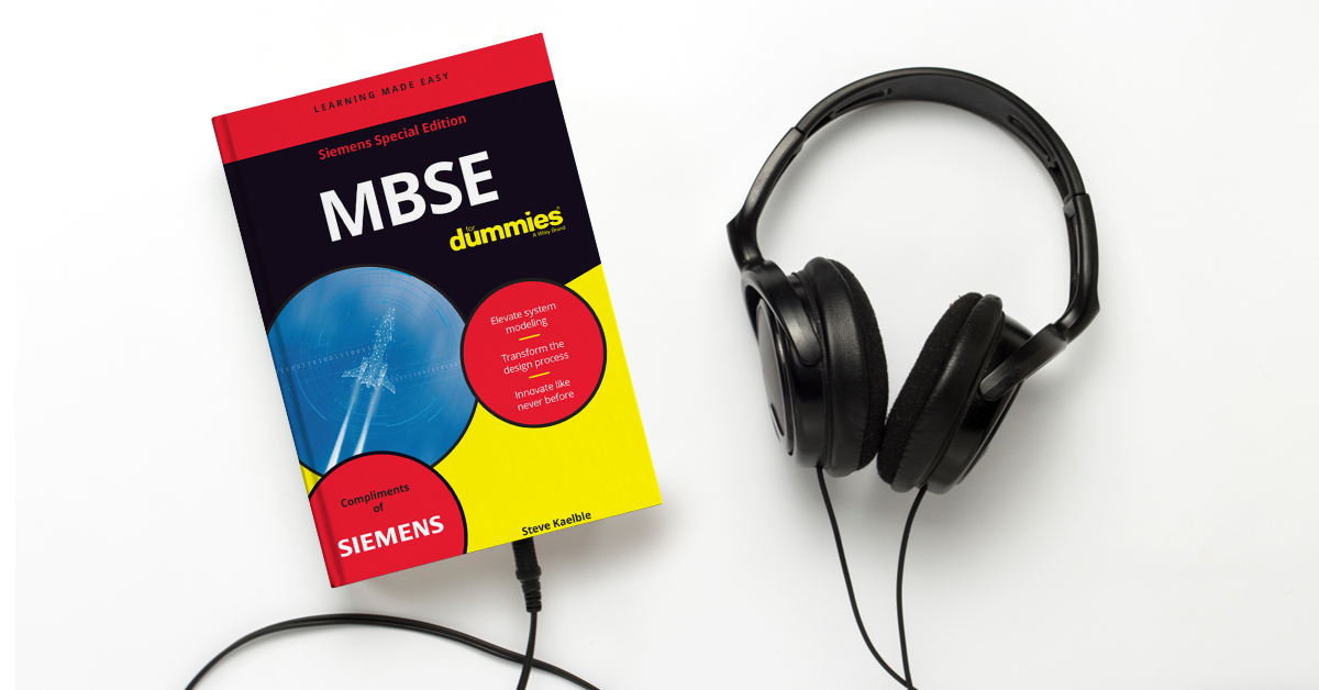 MBSE For Dummies book connected to headphones indicating the book is available as a PDF and in audio format