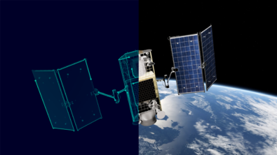 A picture of a satellite in space with an illustrated digital twin