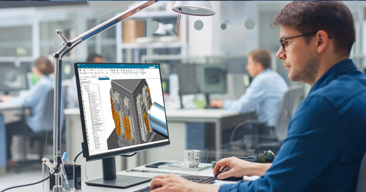 An engineer simulates machine components using simulation software.