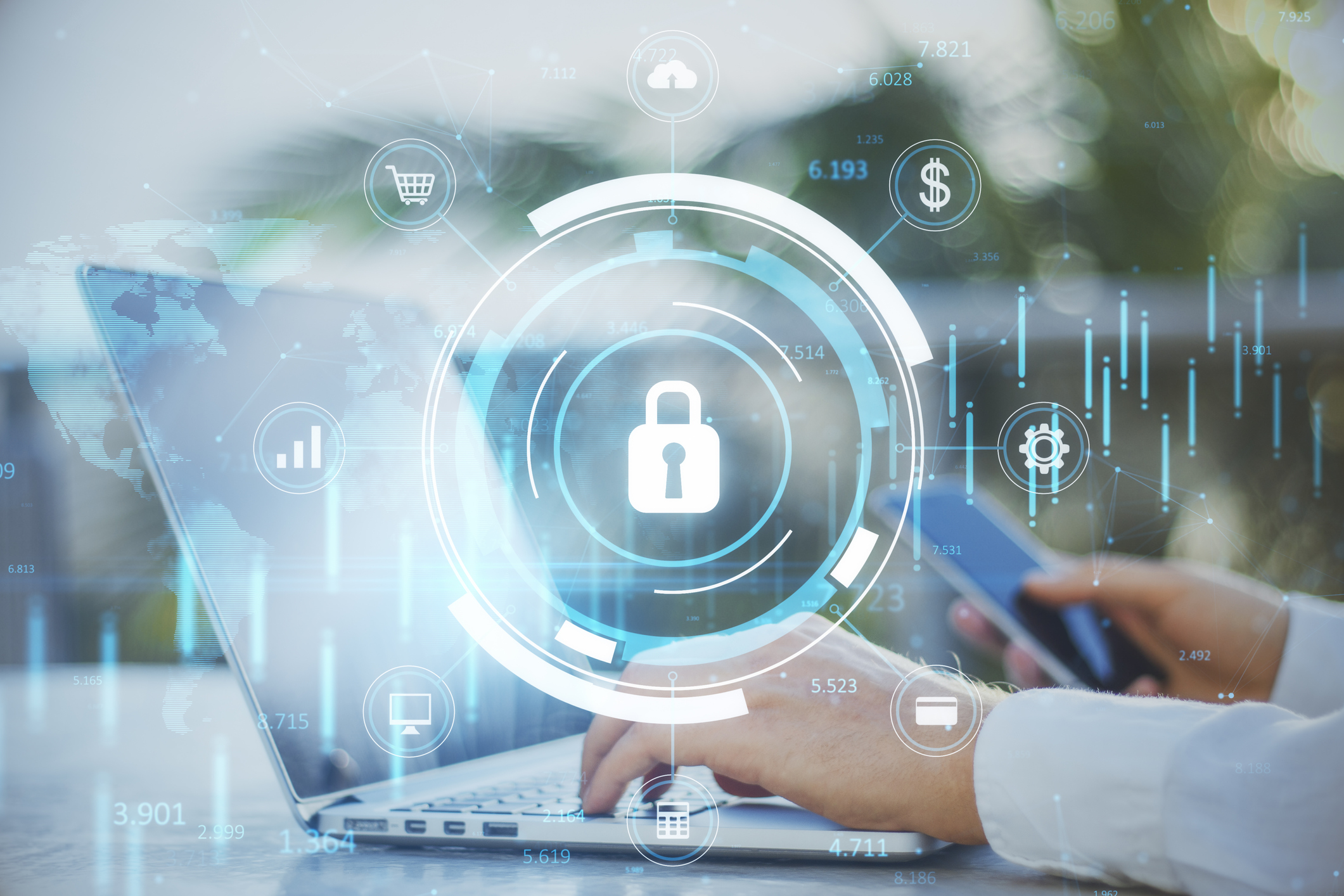 Close up of businessman hand using laptop keyboard and smartphone with glowing blue padlock hologram with forex chart and map on blurry outdoor background, Secure and online safety concept. Double exposure