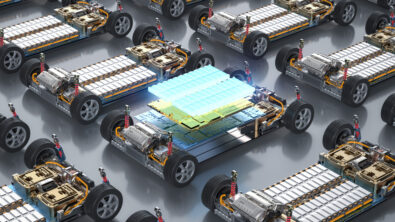 3d rendering group of electric cars with pack of battery cells module on platform in a row