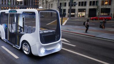 Autonomous electric bus self driving on street, Smart vehicle technology concept, 3d render