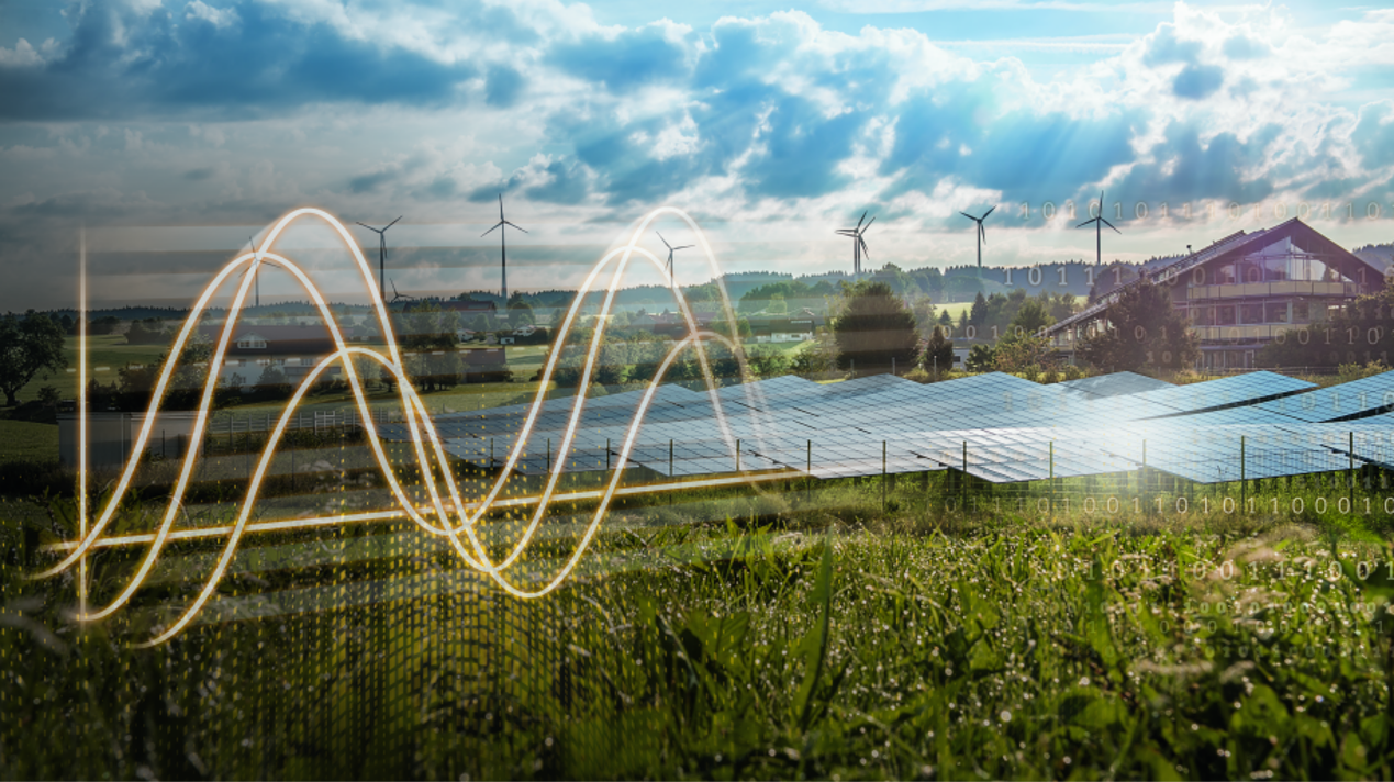 Wind farm and house surrounded by green grass, flowers and digital overlay