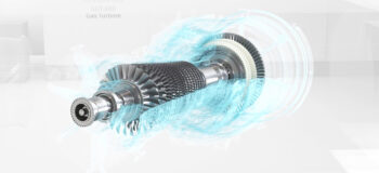 Gas turbine simulation with blue-colored digital overlay