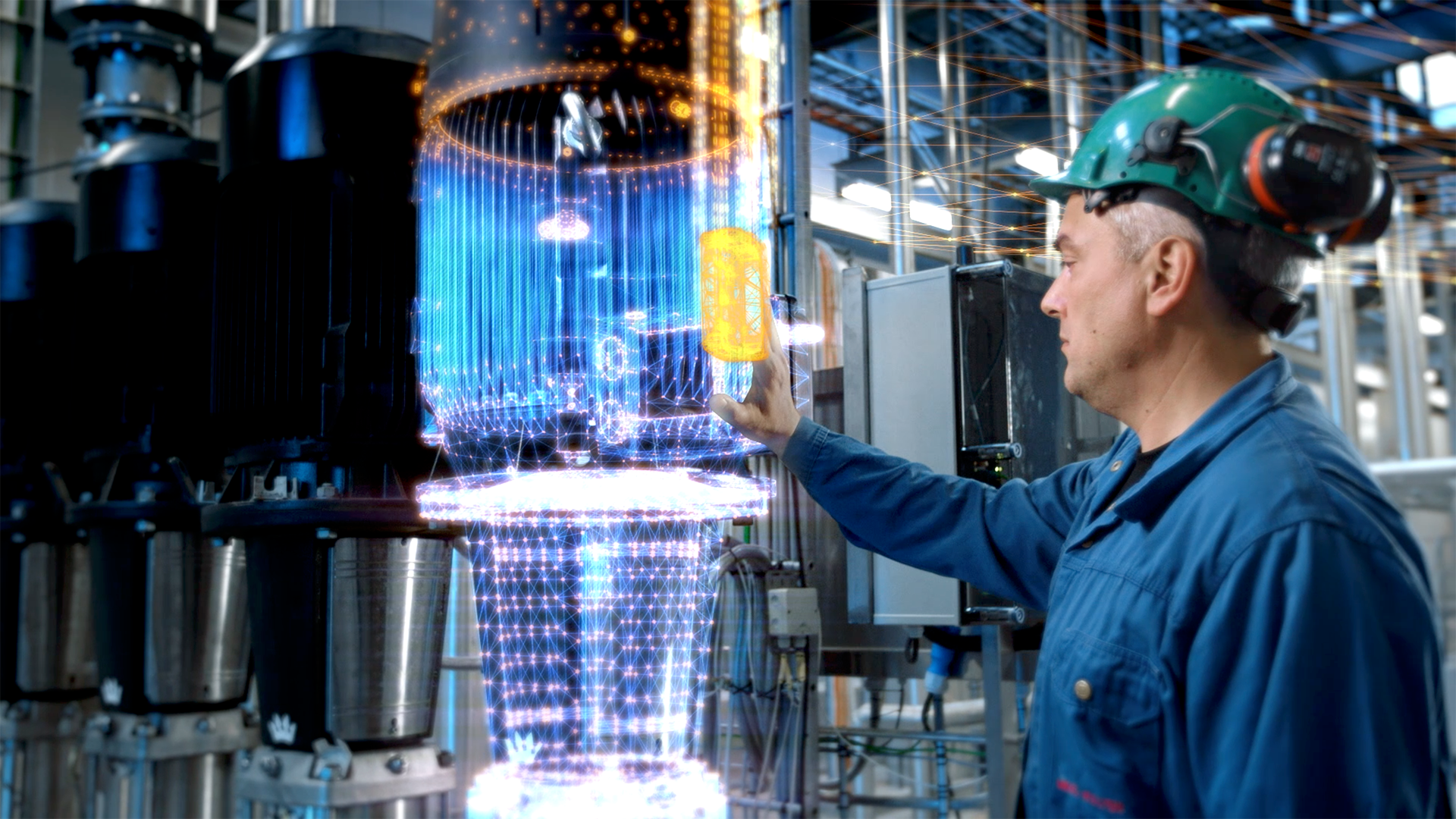 Man in chemical manufacturing plant observing processes with digital overlay.