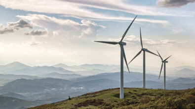 Mountain landscape with wind turbines