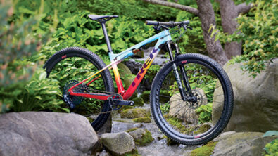 A picture of a Trek bicycle in a wooded nature area