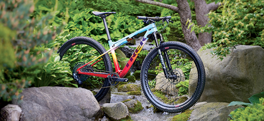 A picture of a Trek bicycle in a wooded nature area