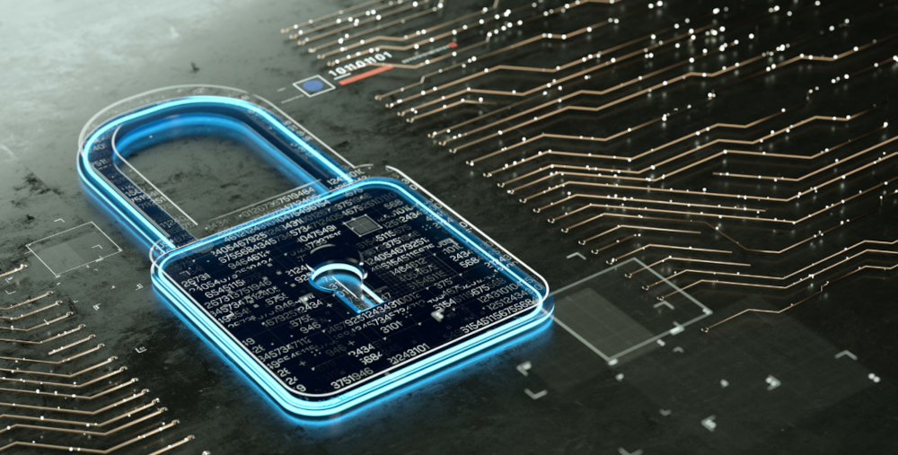 Depiction of software vulnerabilities flowing through data to a locked software program