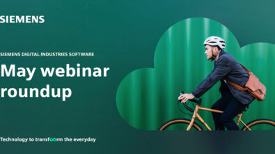 A man riding a bicycle within a cloud shape with a green background is part of a promotional image about live and on-demand webinars from Siemens Digital Industries Software for May 2024