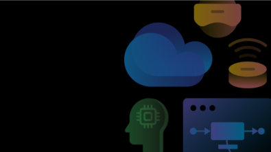 A graphic with a black background and solid primary color illustrations of tech icons including a cloud, a chip and networking icons