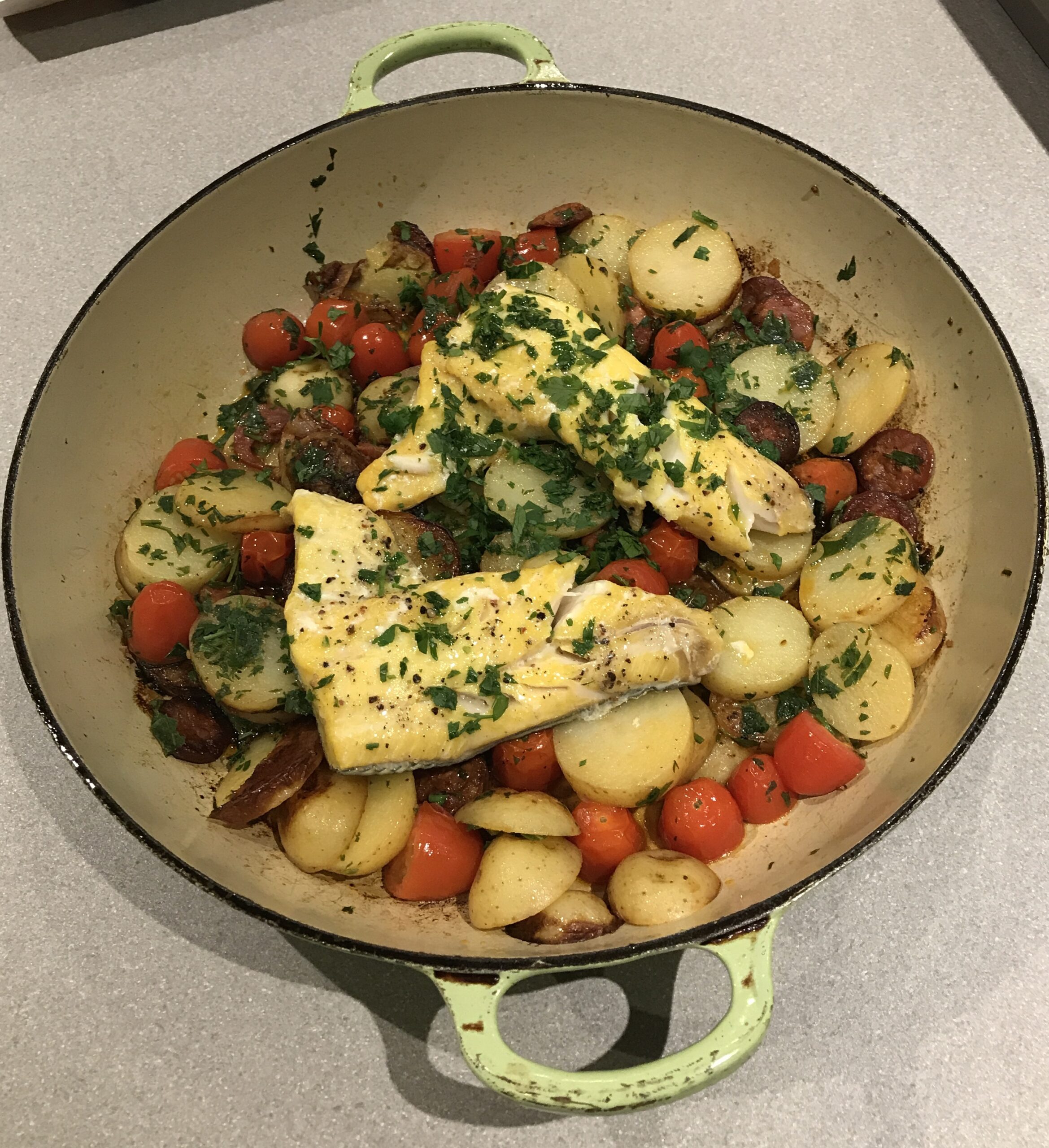 Chorizo, new potato & haddock one-pot