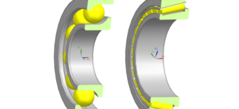 Avoid Bearing failure with Virtual Prototyping. Angular Contact Ball Bearing (ACBB, left), Tapered Roll Bearing (TRB, right), as modeled in Simcenter 3D