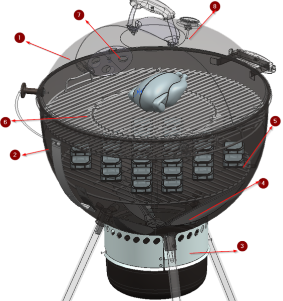 Exploded view showing most parts of the grill.