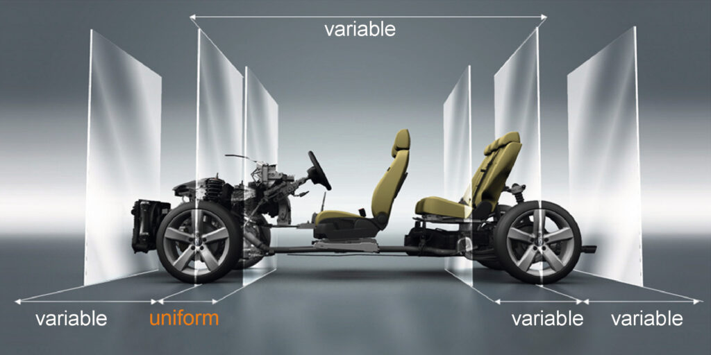 The graphic explains Volkswagen MQB approach. It displays variable and fixed masses on a sample vehicle.