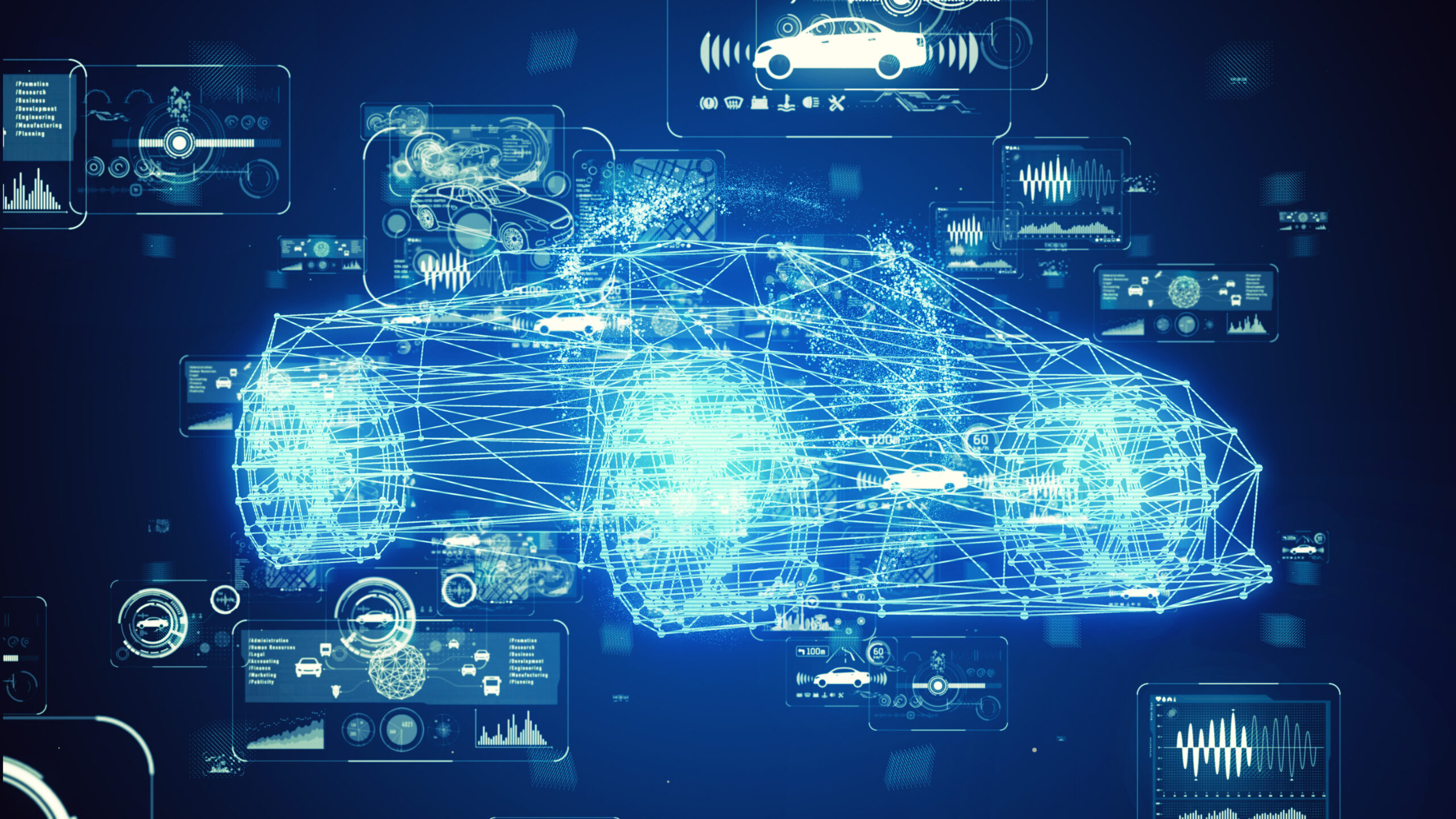 Blue wireframe of an intelligent electric car