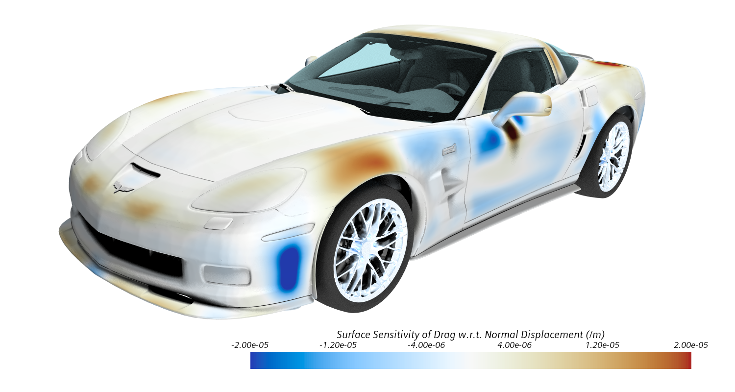 Adjoint Function showing sensitivity of drag obtained from veicle aerodynamics CFD simulation