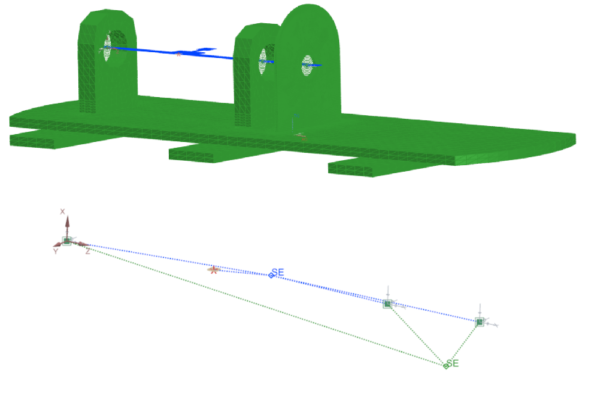 Figure 11. Equivalent representation of the rotating system. Top: finite elements of the stator 3D model (green) and rotor 2D model (blue). Bottom: superelements representations of the stator (green) and rotor (blue) with their retained nodes, used to make the bearings connections and to apply loads. Axisymmetric rotor + superelement representation